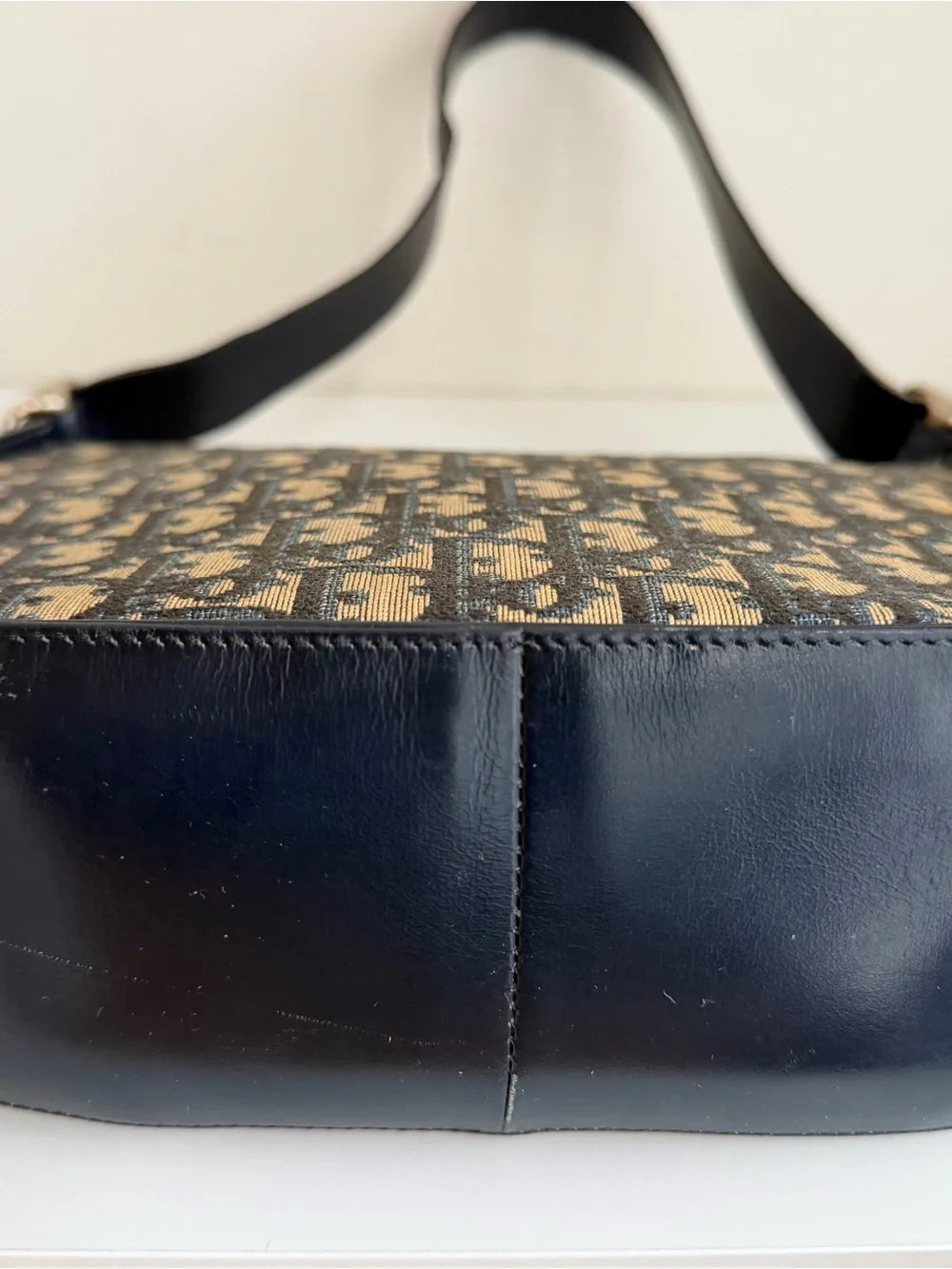 Authentic Christian DIOR Trotter Canvas Oblique Navy Leather Hobo Bag